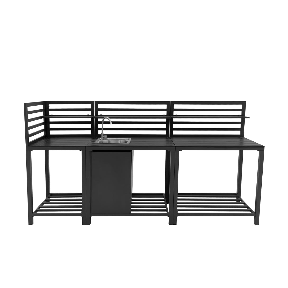 Cocina exterior modular de aluminio en color negro, con tres piezas, incluye fregadero y estantes abiertos para almacenamiento