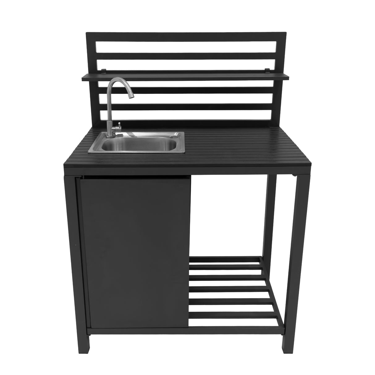 Cocina exterior modular de aluminio en color negro, con fregadero, estante superior y espacio de almacenamiento abierto en la parte inferior
