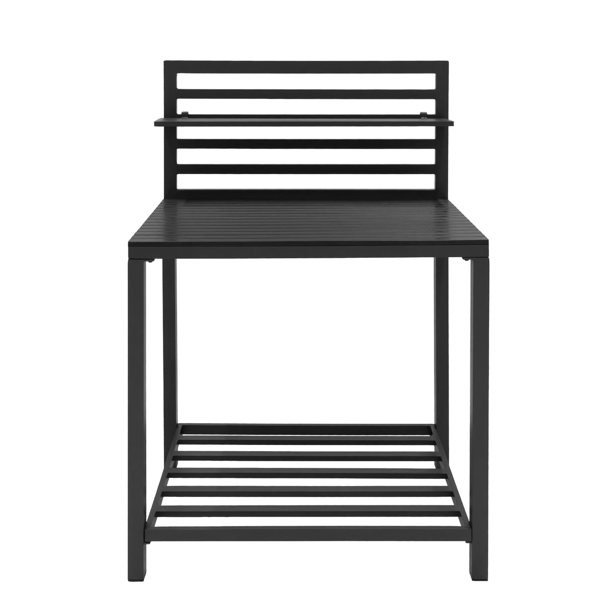 Cocina exterior modular de aluminio en color negro, con diseño minimalista y estructura resistente de tres piezas, ideal para exteriores
