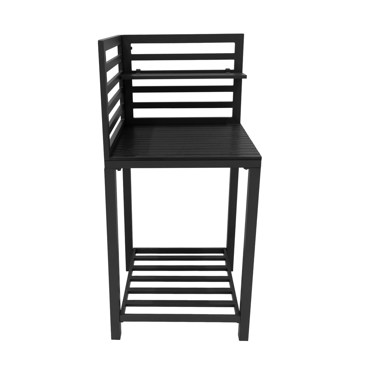 Cocina exterior modular de aluminio en color negro, con diseño elegante, estantes abiertos y estructura resistente de tres piezas