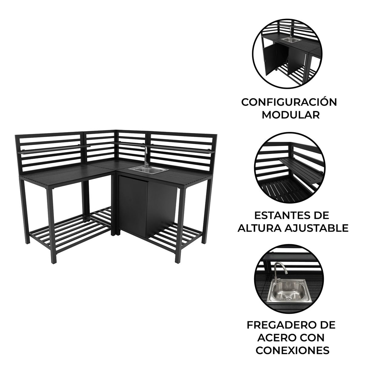Cocina exterior modular de aluminio en color negro, con fregadero de acero, estantes ajustables y diseño funcional en esquina