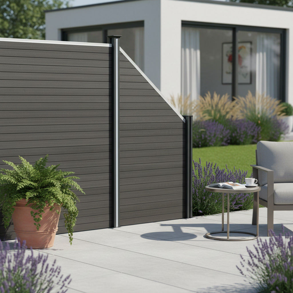 Vallas para exteriores de WPC y Aluminio - 1x Panel Oblicuo + 1x Poste | Gris