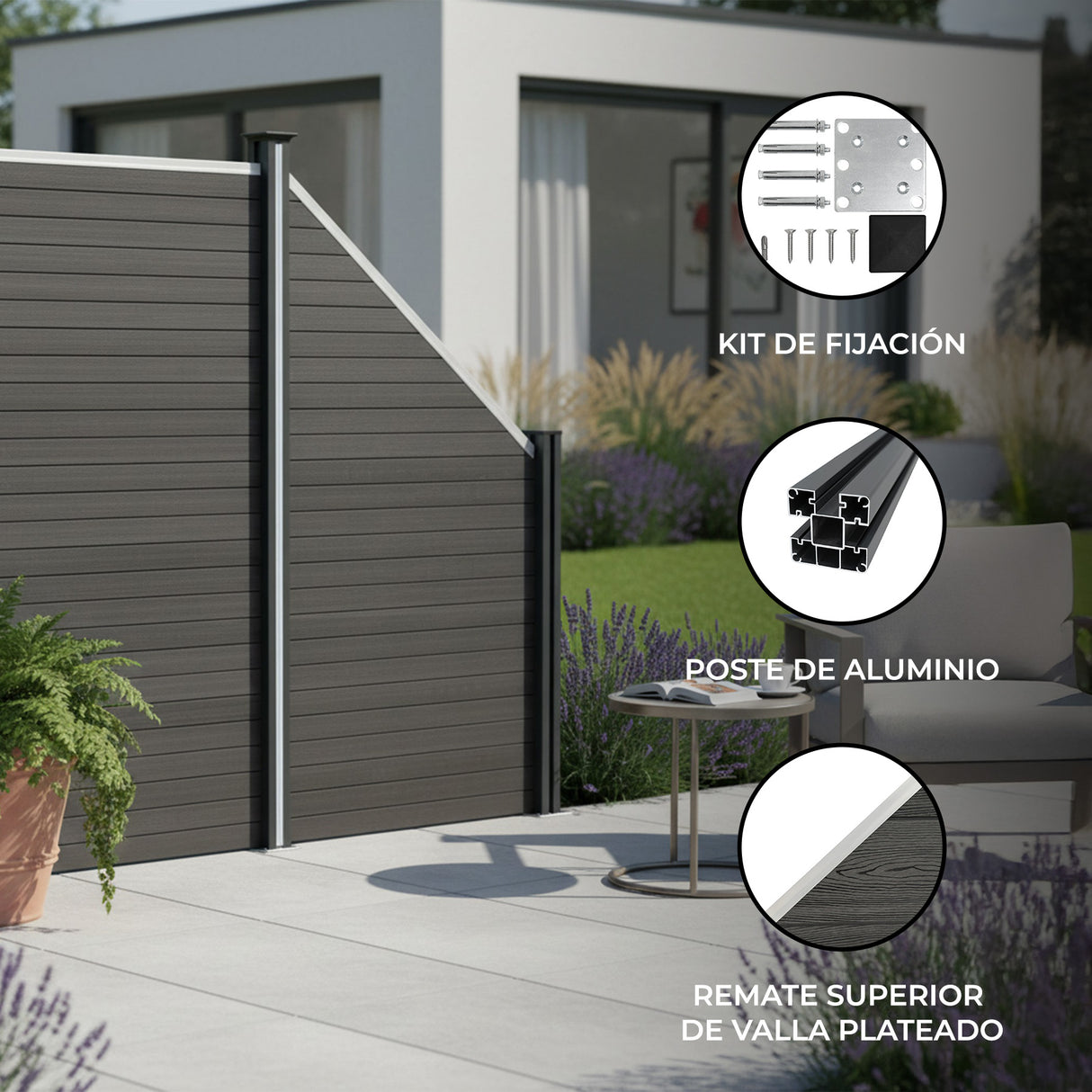 Vallas para exteriores de WPC y Aluminio - 1x Panel Oblicuo + 1x Poste | Gris