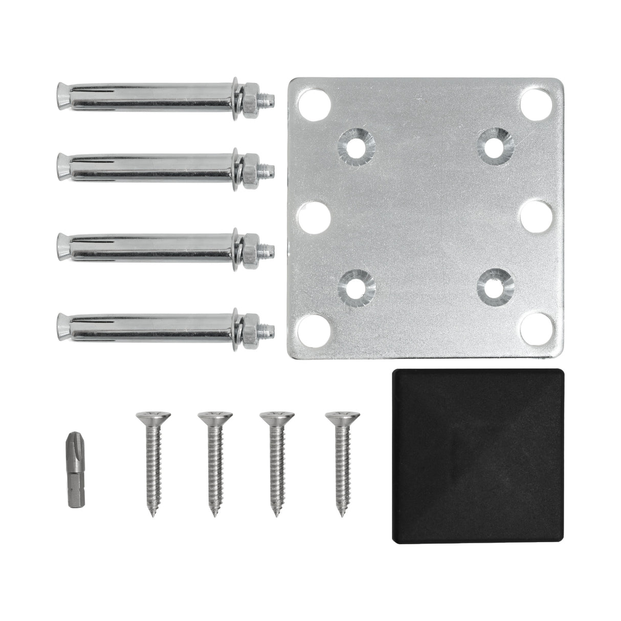 Conjunto de fijación en metal plateado con tornillos y anclajes, ideal para instalar paneles de vallas exteriores de WPC y aluminio marrón