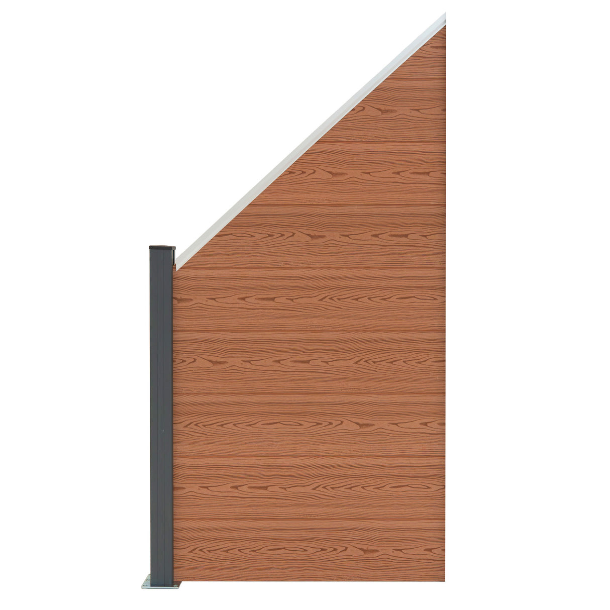 Panel oblicuo de valla exterior en color marrón de WPC, con textura de madera y poste de aluminio gris, ideal para cercas modernas