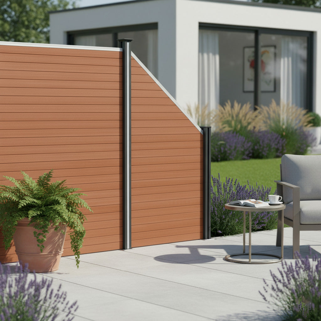 Valla exterior de WPC y aluminio en color marrón, con panel oblicuo y postes, rodeada de plantas y mobiliario de jardín moderno