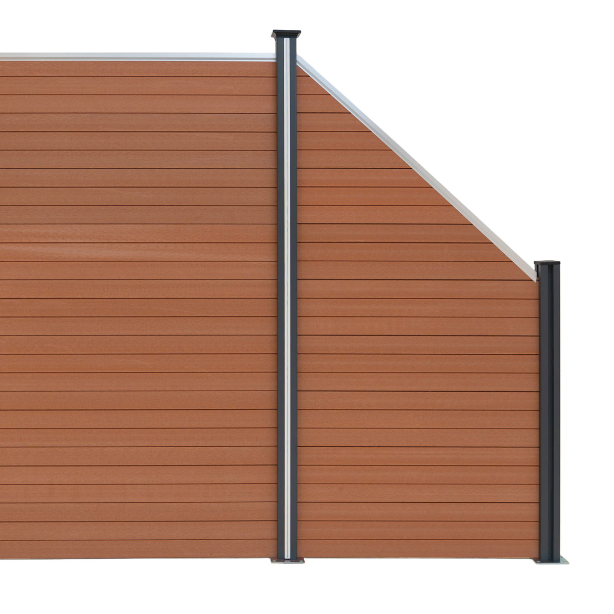 Panel oblicuo de valla exterior en color marrón de WPC con postes de aluminio, textura lisa y diseño moderno, ideal para jardines