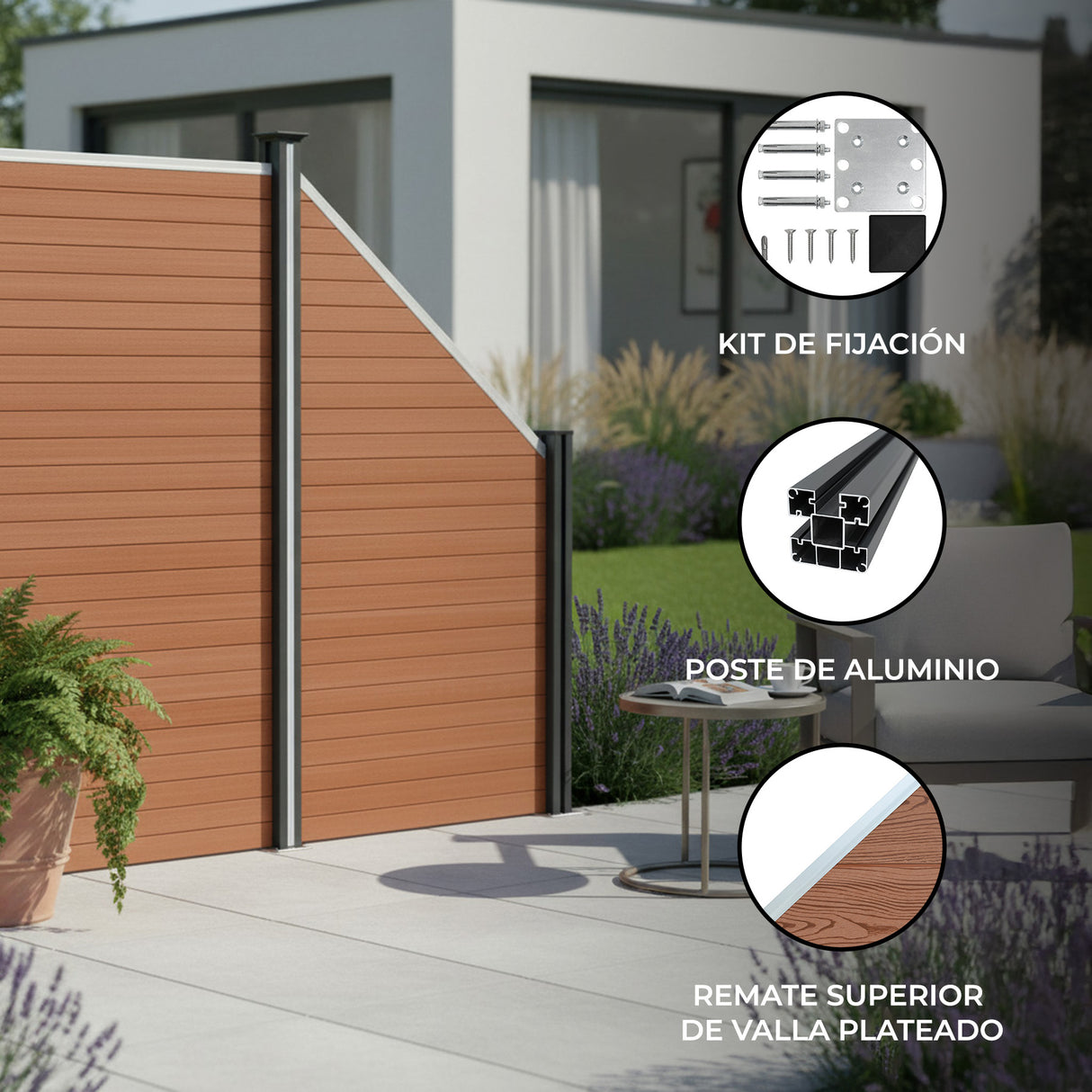 Panel oblicuo de WPC marrón con poste de aluminio, ideal para cercas exteriores, en un entorno ajardinado y moderno