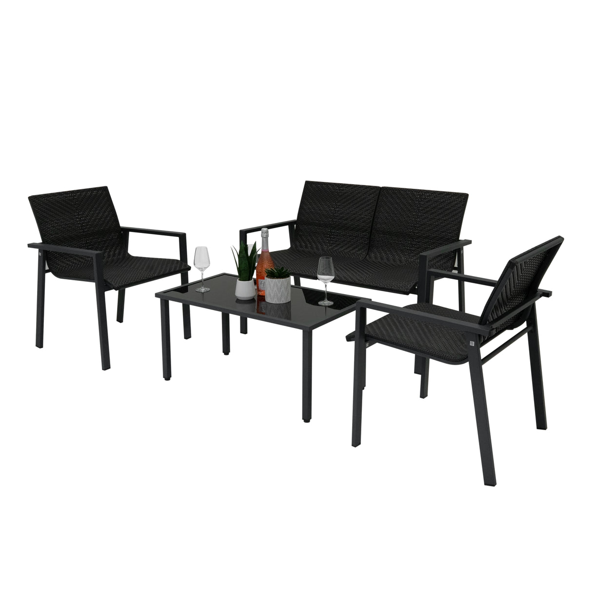 Conjunto de Muebles de Patio de Ratán - Negro