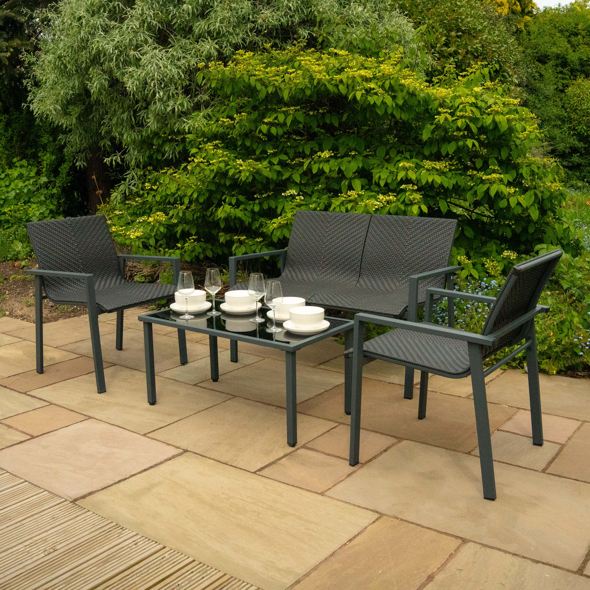 Conjunto de Muebles de Patio de Ratán - Negro