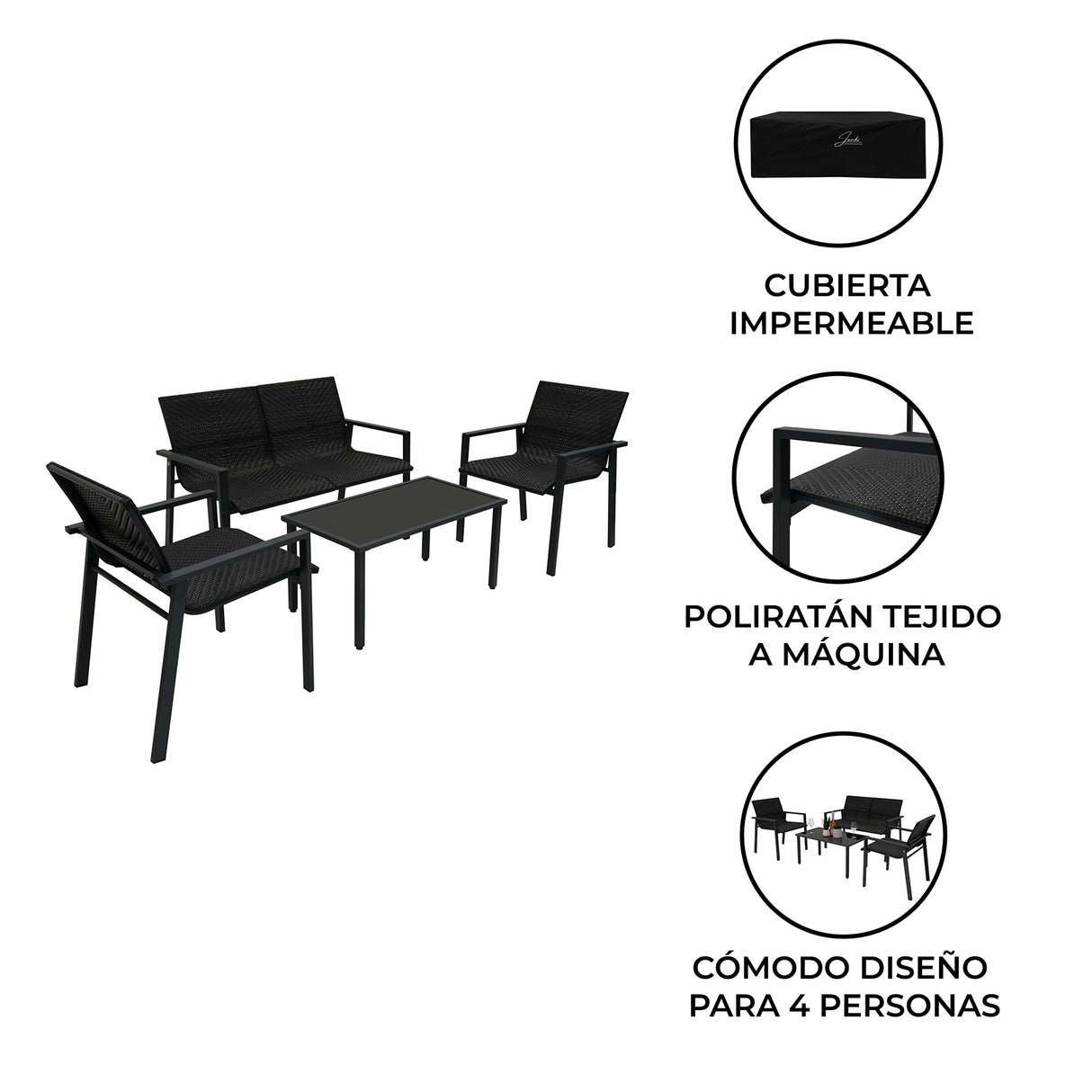Conjunto de Muebles de Patio de Ratán - Negro