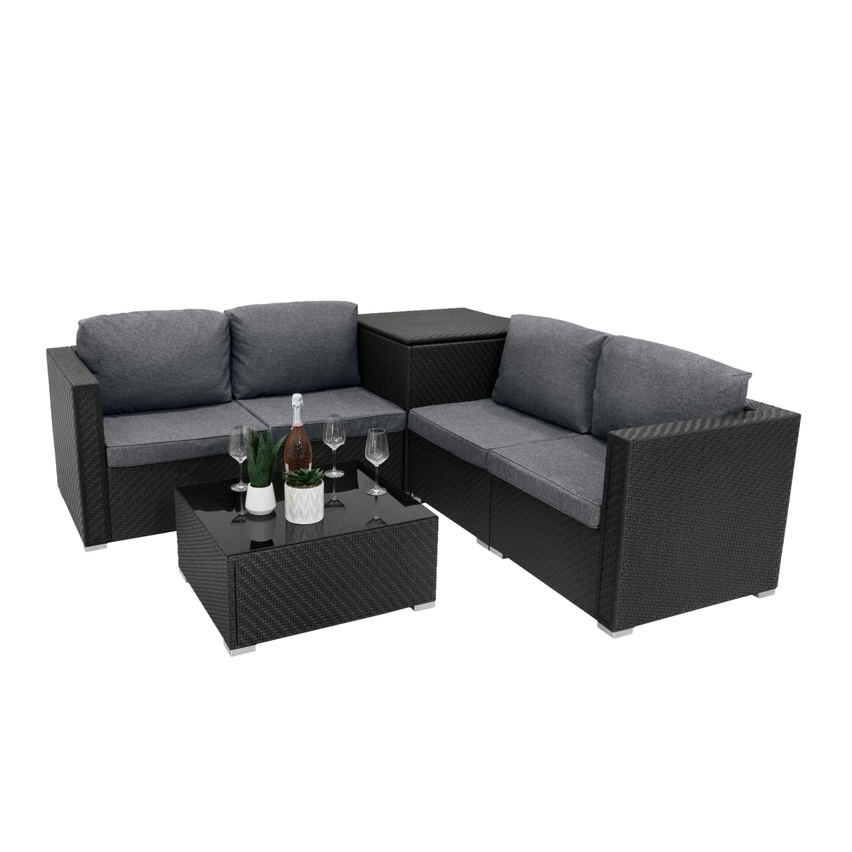 Conjunto Modular de Muebles de Patio de Ratán | Negro - 6 Piezas