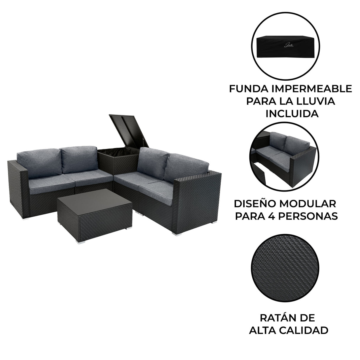 Conjunto Modular de Muebles de Patio de Ratán | Negro - 6 Piezas