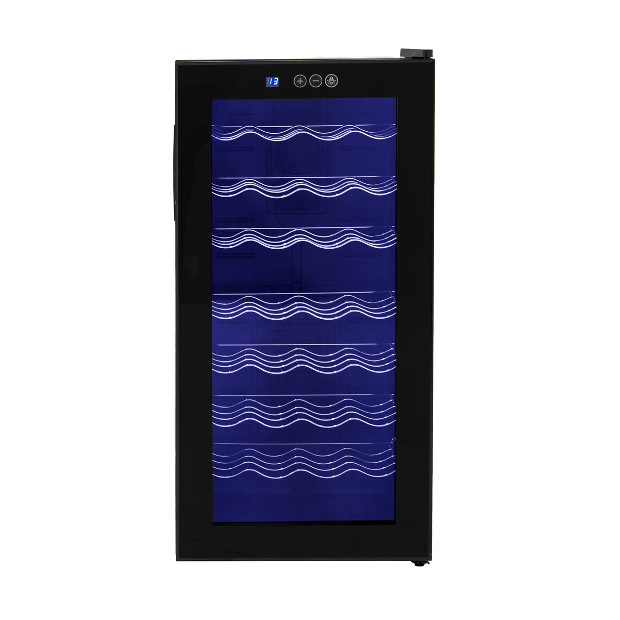Vinoteca comercial con luz LED, diseño elegante en negro, puerta de vidrio con ondas azules, capacidad para múltiples botellas