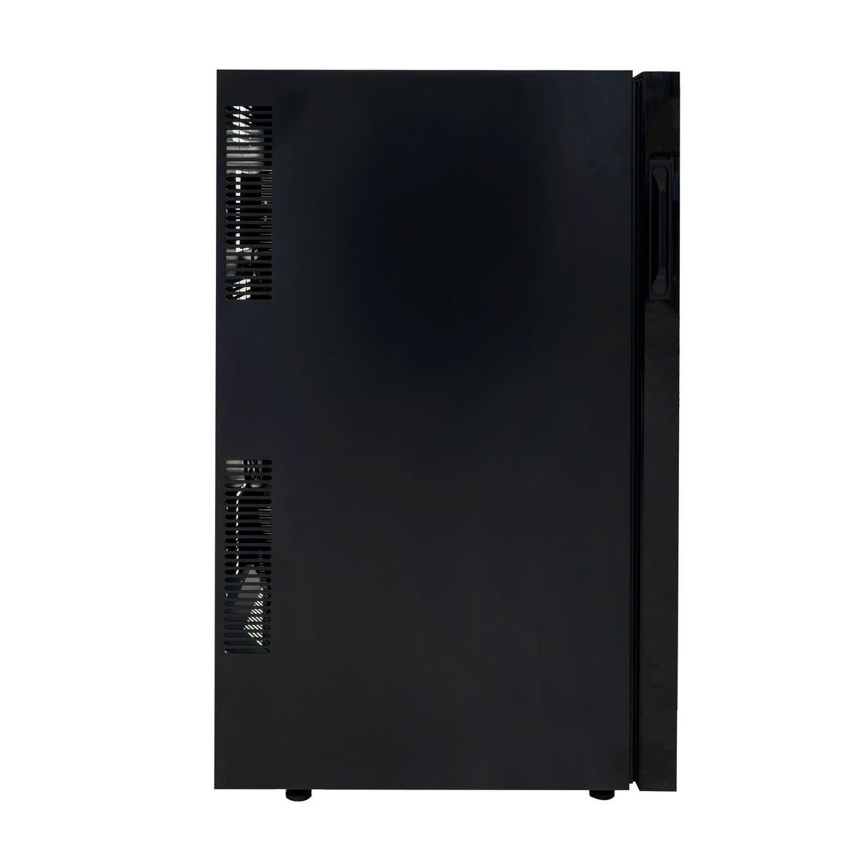 Vinoteca comercial negra con luz LED, diseño elegante, puerta de vidrio, ventilación lateral y espacio para varias botellas de vino