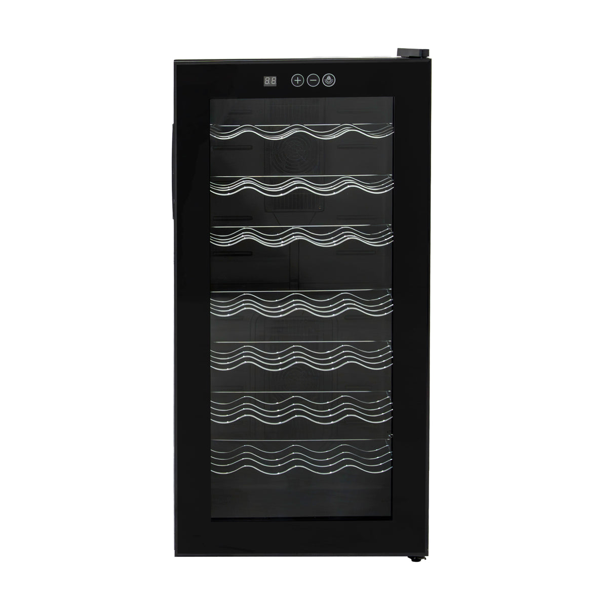 Vinoteca comercial negra con luz LED, puerta de vidrio transparente y estantes en forma de ola para botellas de vino