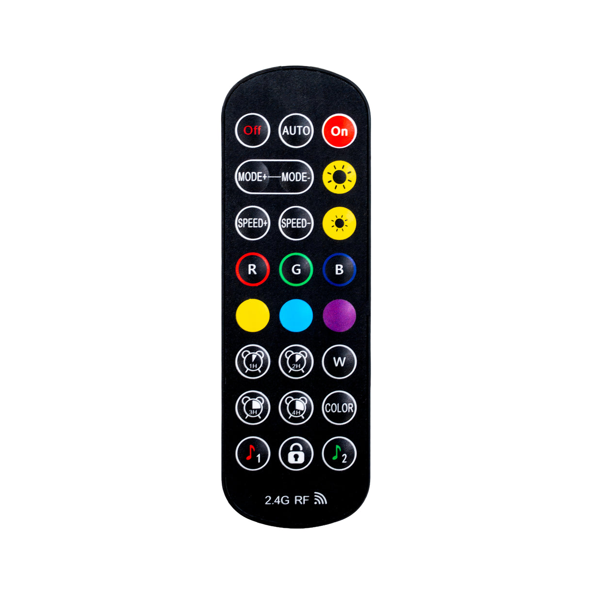 Control remoto negro con botones de colores para ajustar luz LED, modos y velocidad en una vinoteca comercial moderna