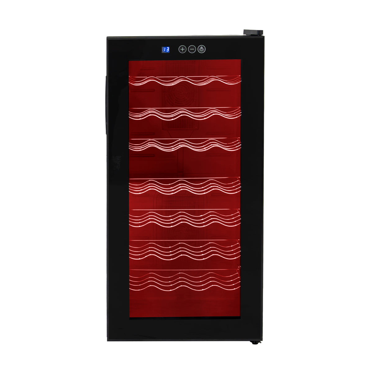 Vinoteca comercial con luz LED, diseño elegante en negro, puertas de vidrio, estantes ondulados para botellas de vino