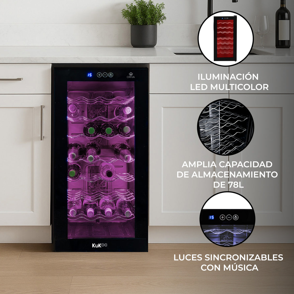 Vinoteca comercial con luz LED multicolor, capacidad para 78 botellas, diseño elegante y moderno, ideal para cualquier cocina