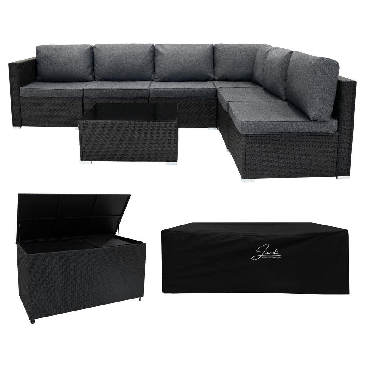 Conjunto Modular de Ratán (7 piezas) con Caja de Almacenamiento 700L (Negro)
