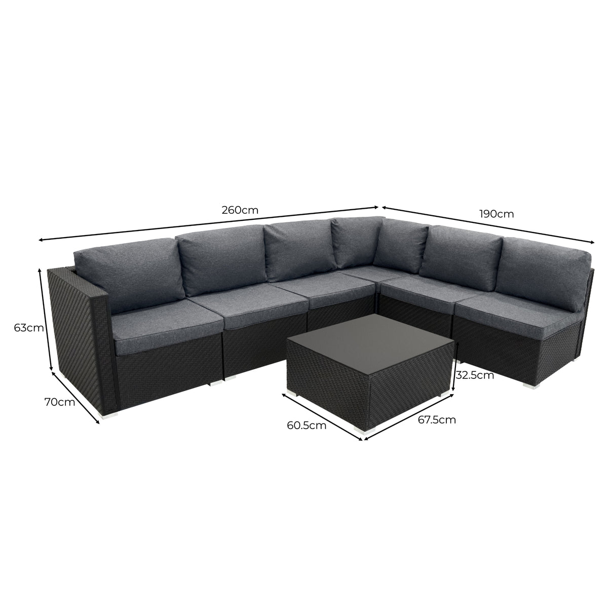 Conjunto Modular de Ratán (7 piezas) con Caja de Almacenamiento 700L (Negro)