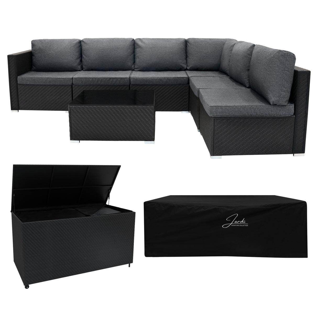 Conjunto Modular de Ratán (7 piezas) con Caja de Almacenamiento 996L (Negro)
