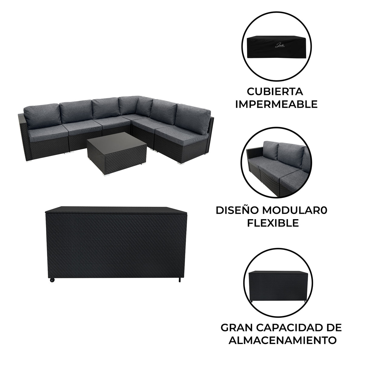 Conjunto Modular de Ratán (7 piezas) con Caja de Almacenamiento 996L (Negro)