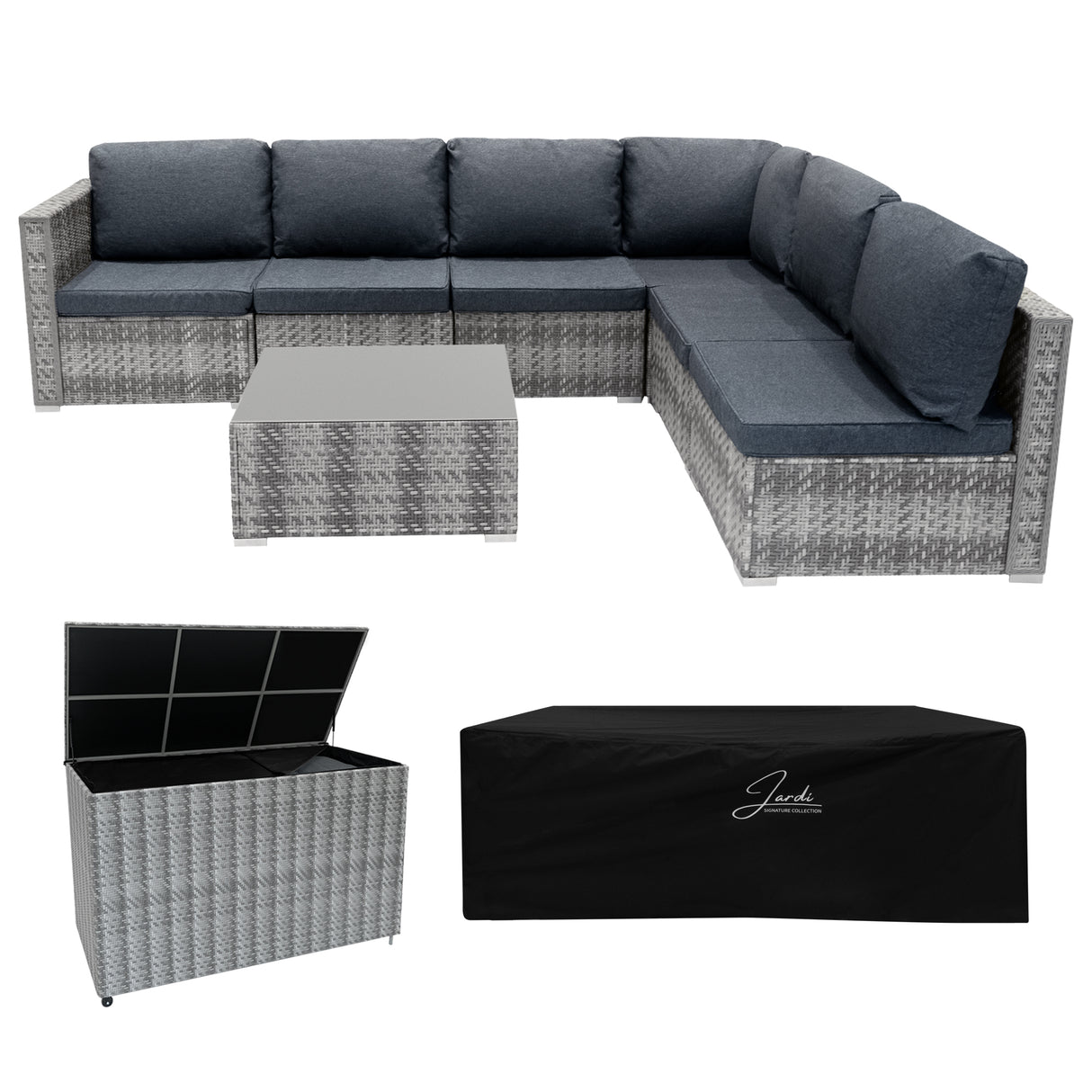 Conjunto Modular de Ratán (7 piezas) con Caja de Almacenamiento 700L (Gris)