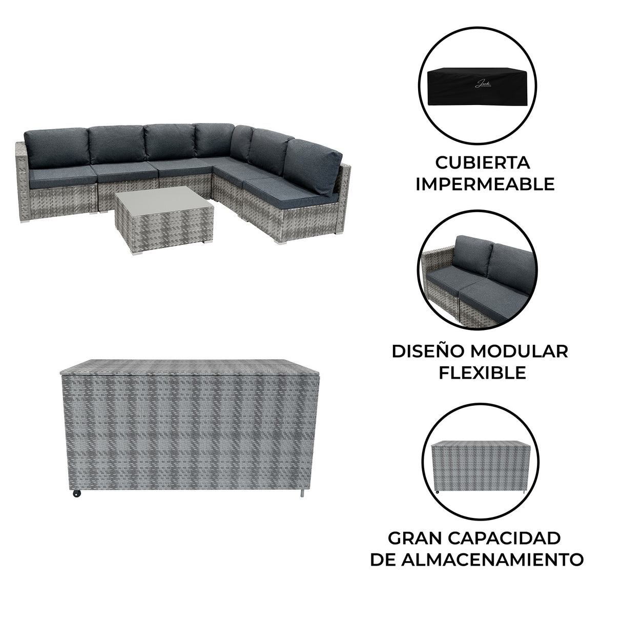 Conjunto Modular de Ratán (7 piezas) con Caja de Almacenamiento 996L (Gris)