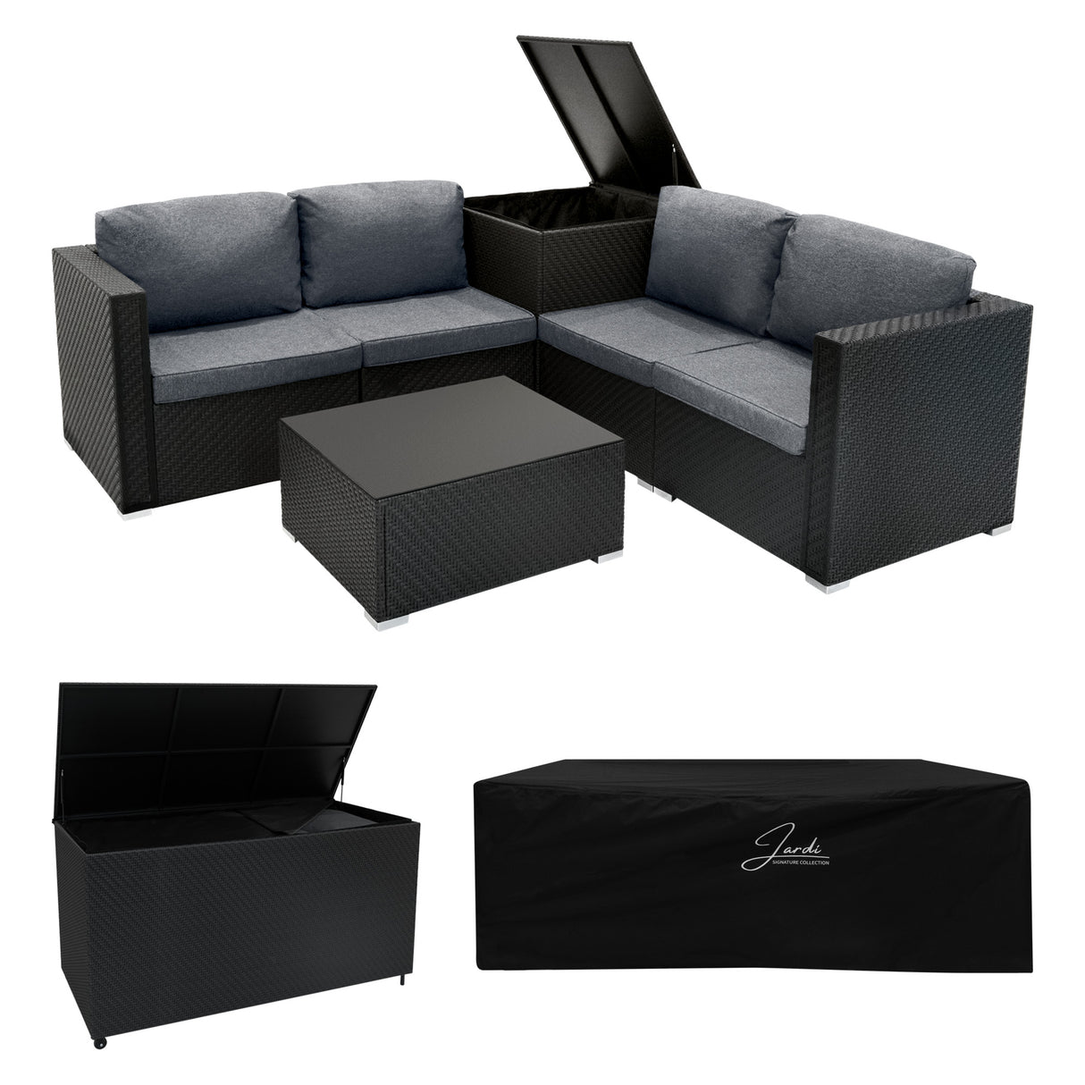 Conjunto Modular de Ratán (6 piezas) con Caja de Almacenamiento 700L (Negro)