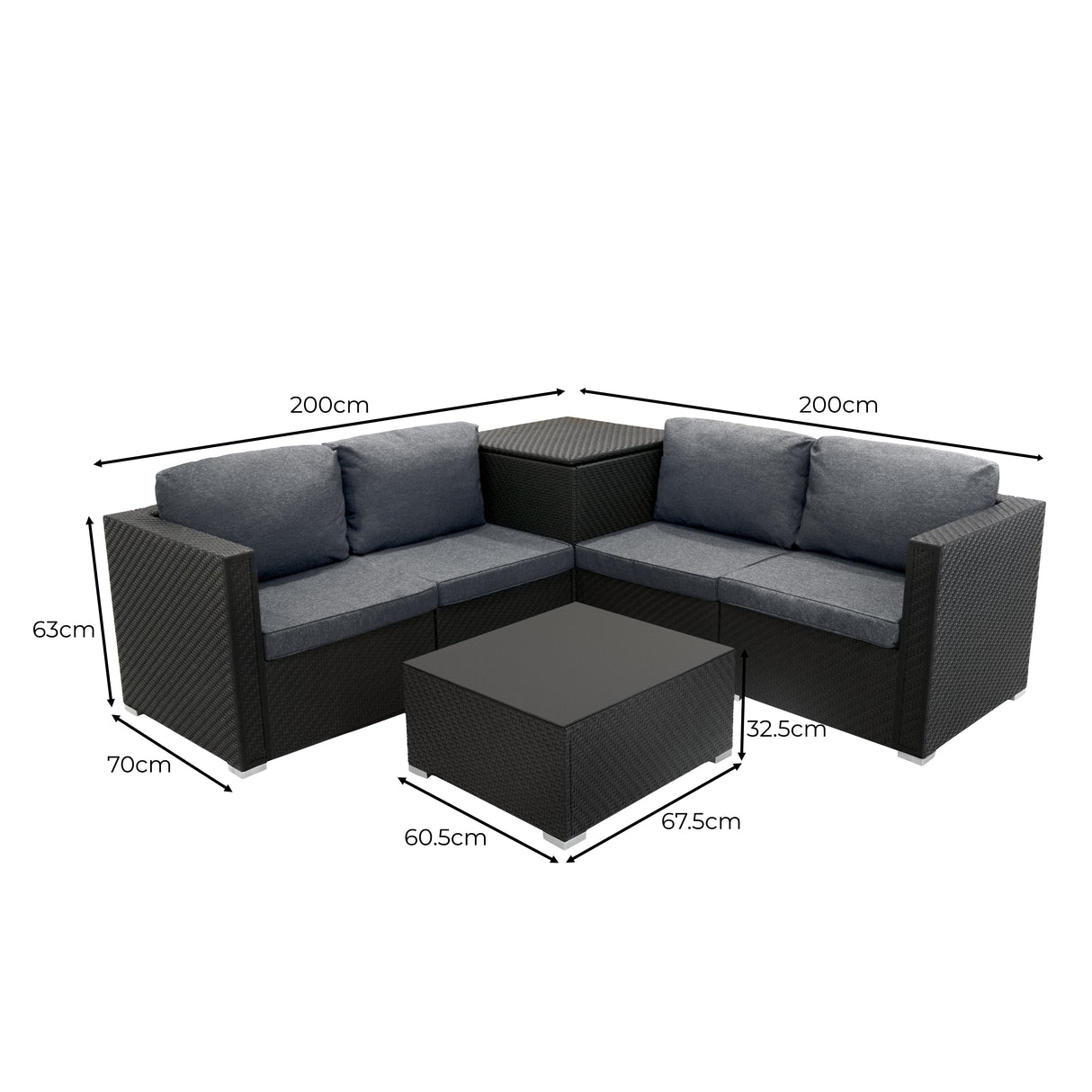 Conjunto Modular de Ratán (6 piezas) con Caja de Almacenamiento 700L (Negro)