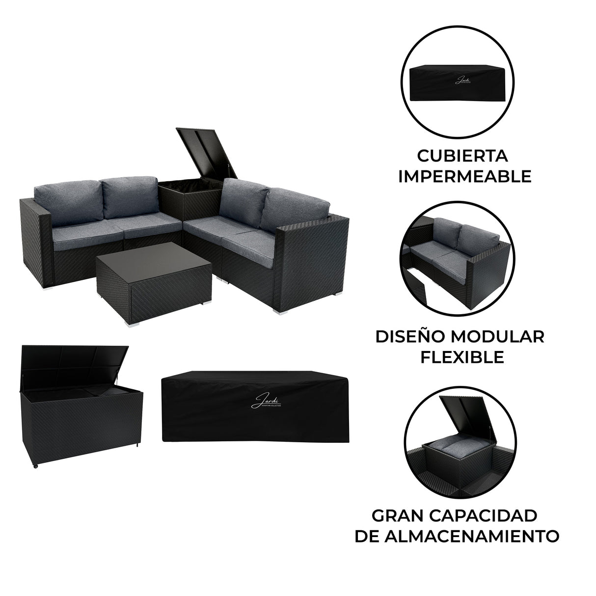 Conjunto Modular de Ratán (6 piezas) con Caja de Almacenamiento 996L (Negro)