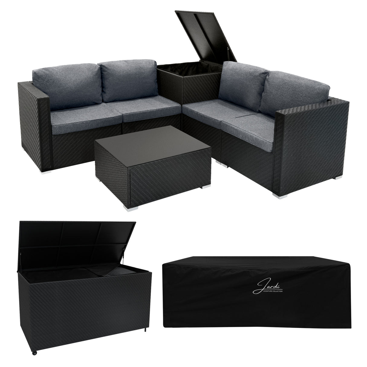 Conjunto Modular de Ratán (6 piezas) con Caja de Almacenamiento 996L (Negro)