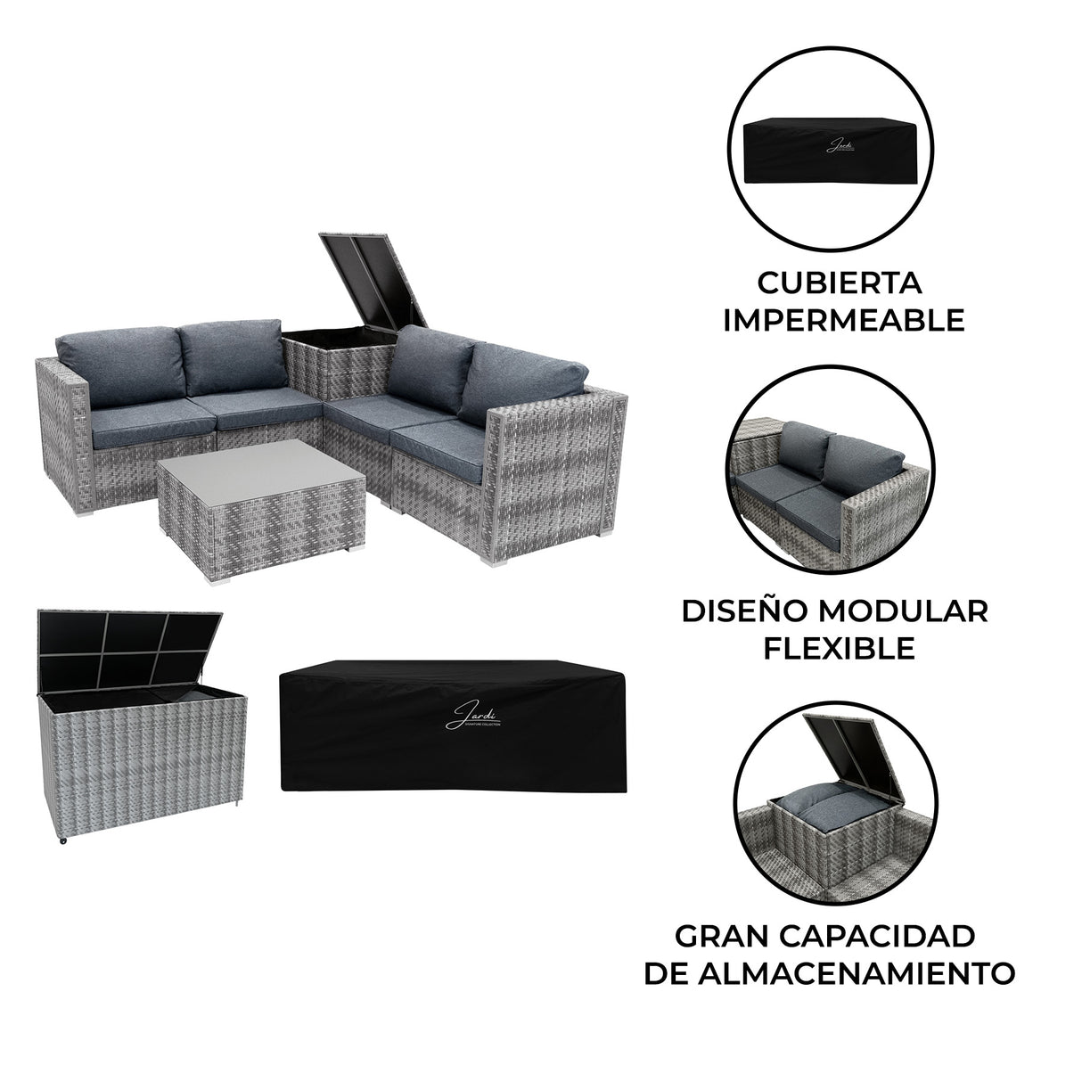 Conjunto Modular de Ratán (6 piezas) con Caja de Almacenamiento 996L (Gris)