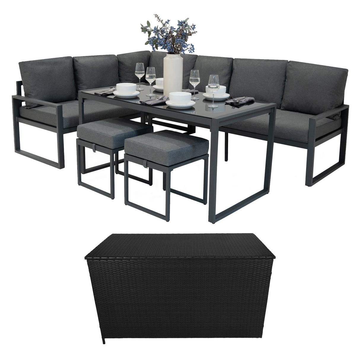Set Sofa Esquinero de aluminio Antracita + Caja en ratán negro