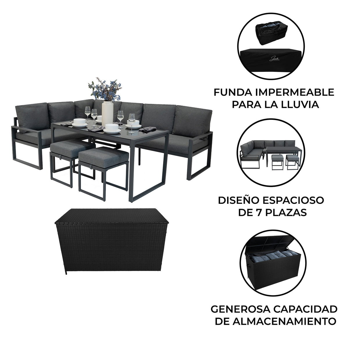 Set Sofa Esquinero de aluminio Antracita + Caja en ratán negro