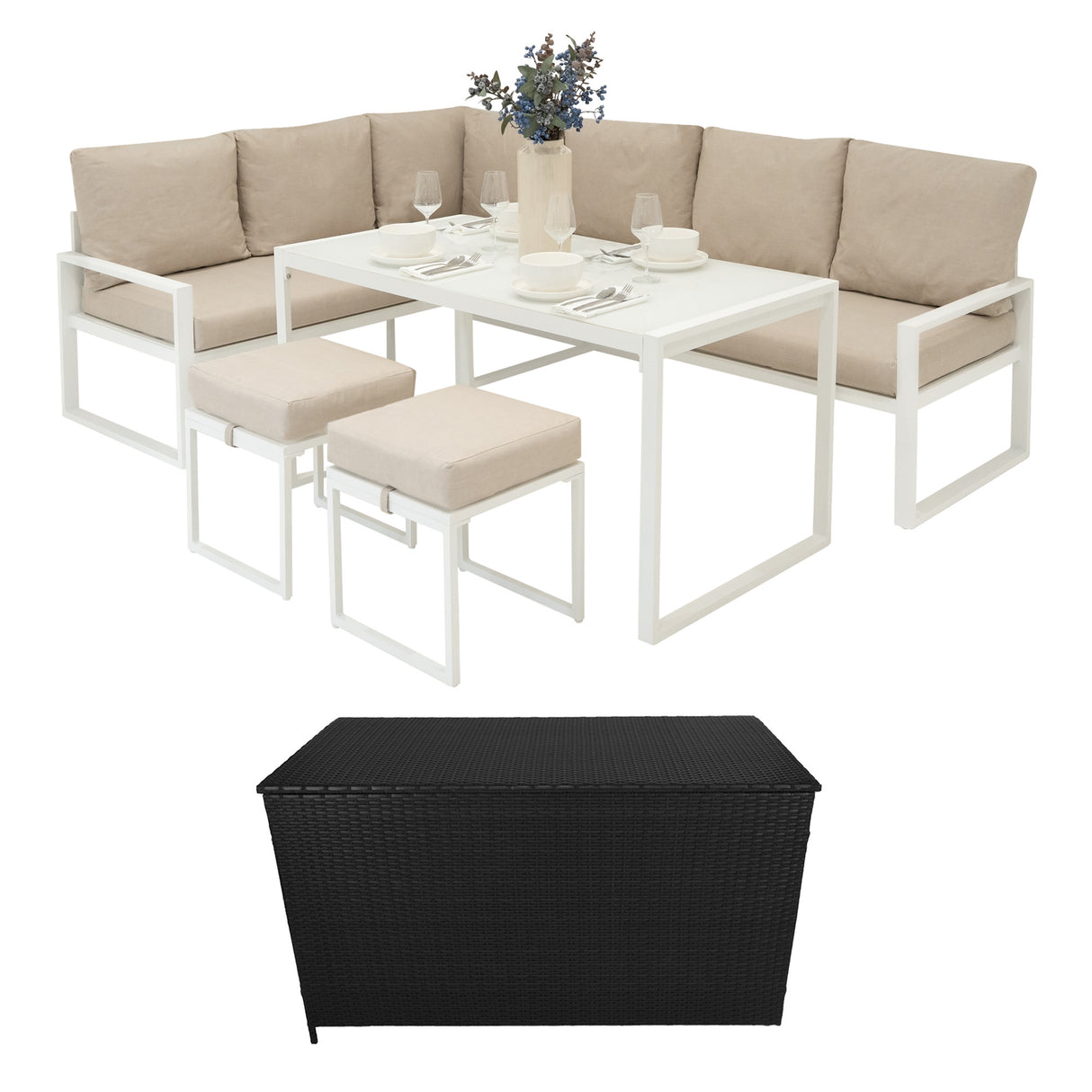 Set Sofa Esquinero de aluminio Blanco + Caja en ratán negro