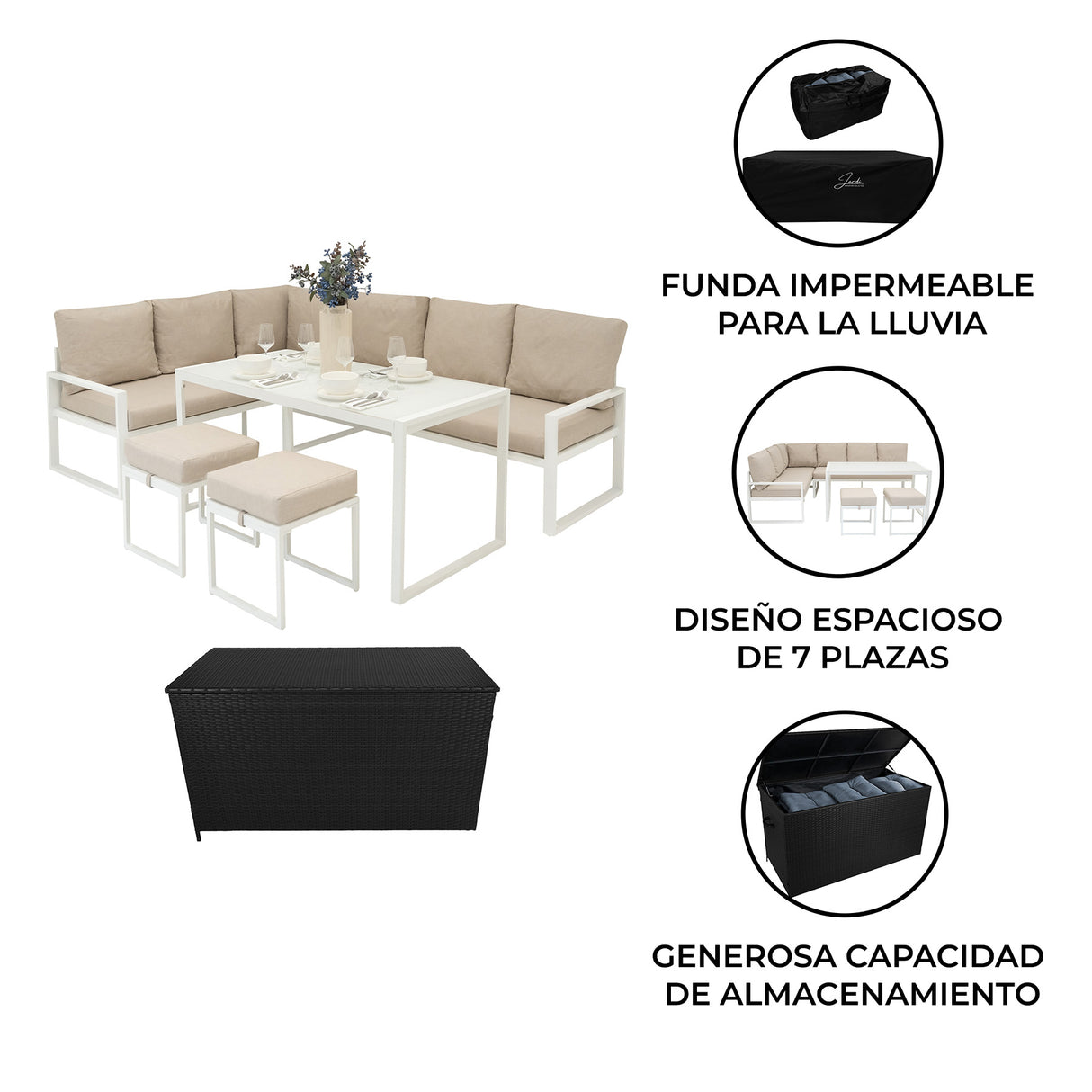 Set Sofa Esquinero de aluminio Blanco + Caja en ratán negro