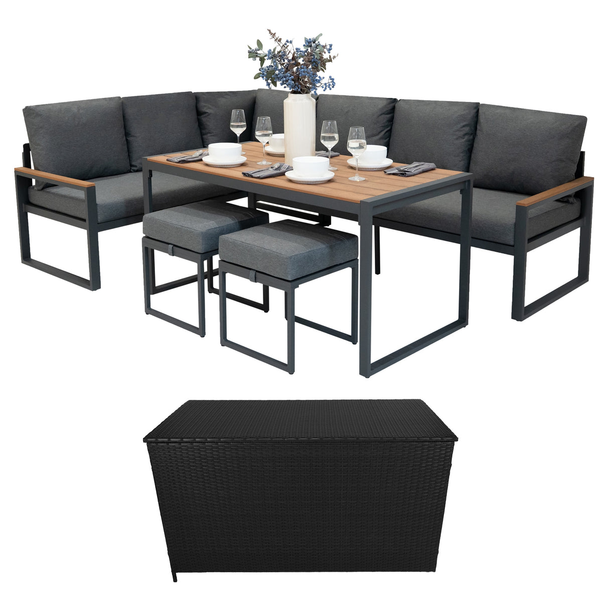 Set Sofa Esquinero de aluminio Efecto Madera + Caja en ratán negro