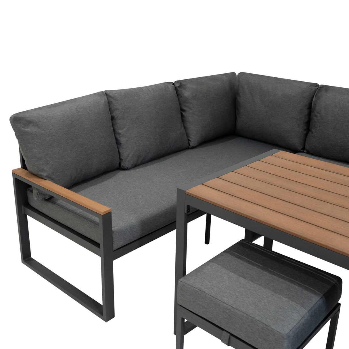 Set Sofa Esquinero de aluminio Efecto Madera + Caja en ratán negro