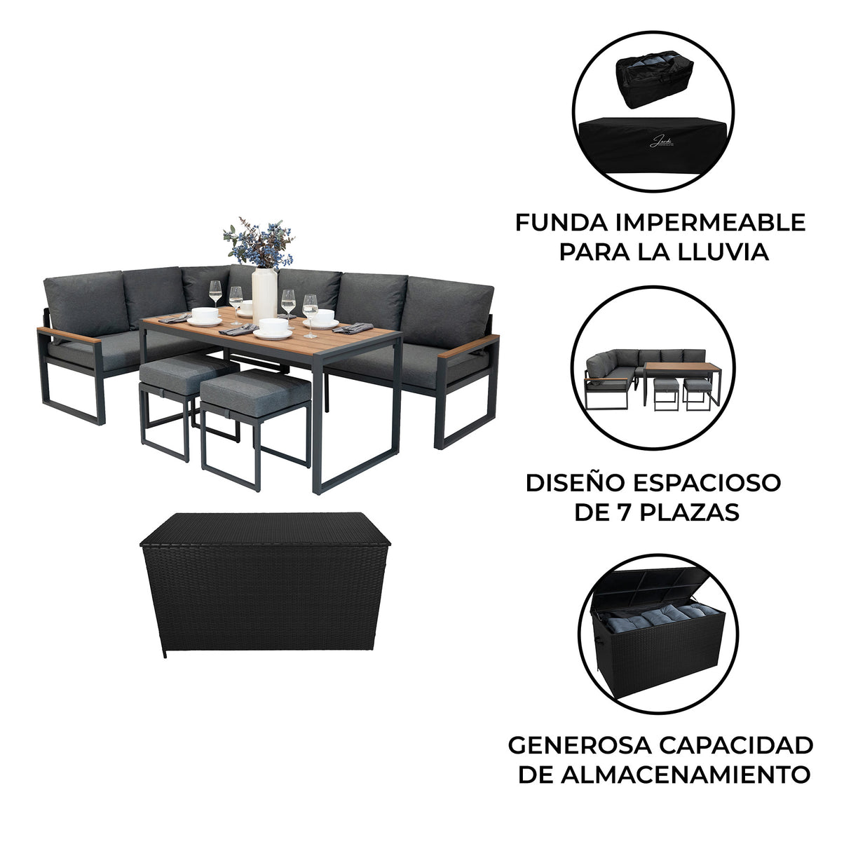 Set Sofa Esquinero de aluminio Efecto Madera + Caja en ratán negro