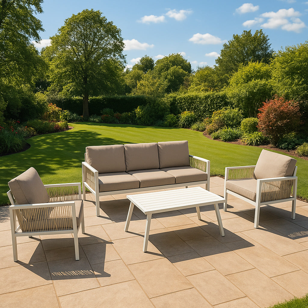 Conjunto para Exteriores de aluminio 5 plazas Blanco + Caja en ratán Negro