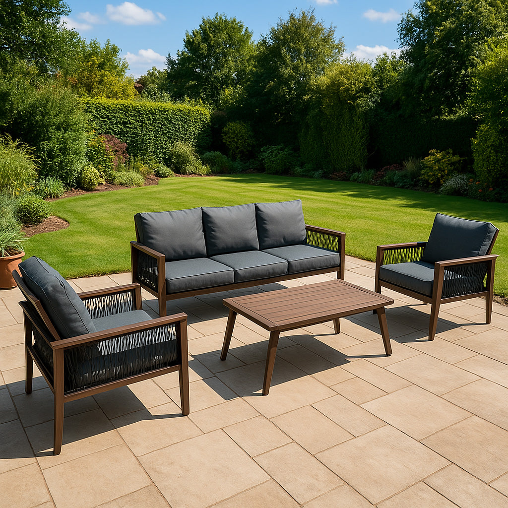 Conjunto para Exteriores de aluminio 5 plazas Efecto Madera + Caja en ratán Negro