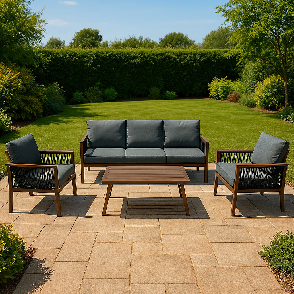 Conjunto para Exteriores de aluminio 5 plazas Efecto Madera + Caja en ratán Negro