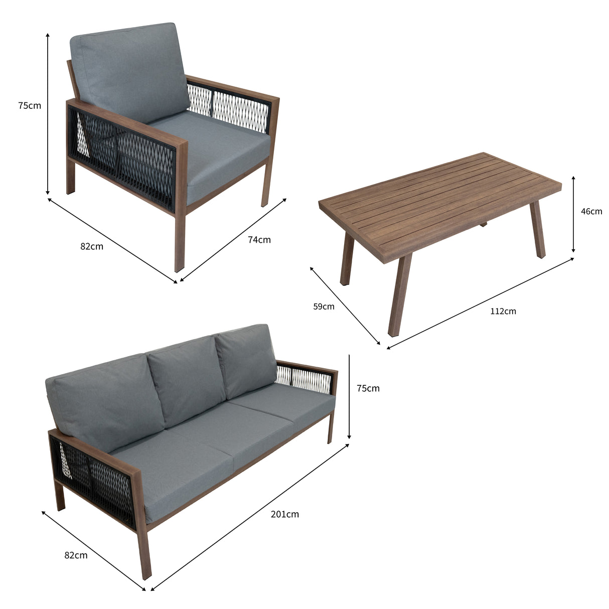 Conjunto para Exteriores de aluminio 5 plazas Efecto Madera + Caja en ratán Negro