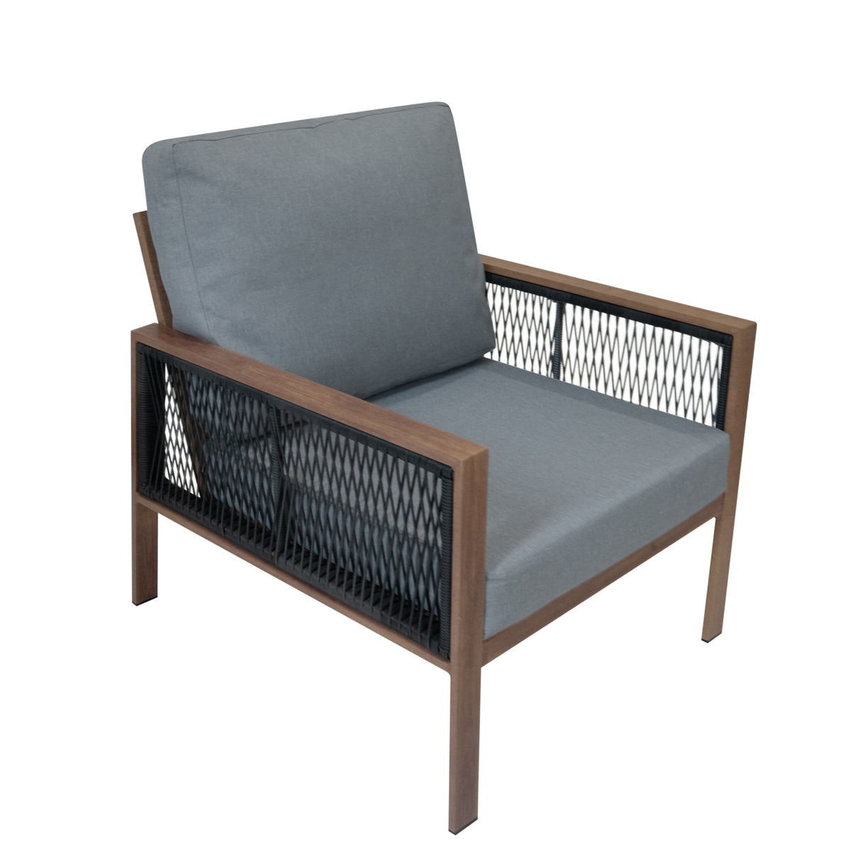 Conjunto para Exteriores de aluminio 5 plazas Efecto Madera + Caja en ratán Negro