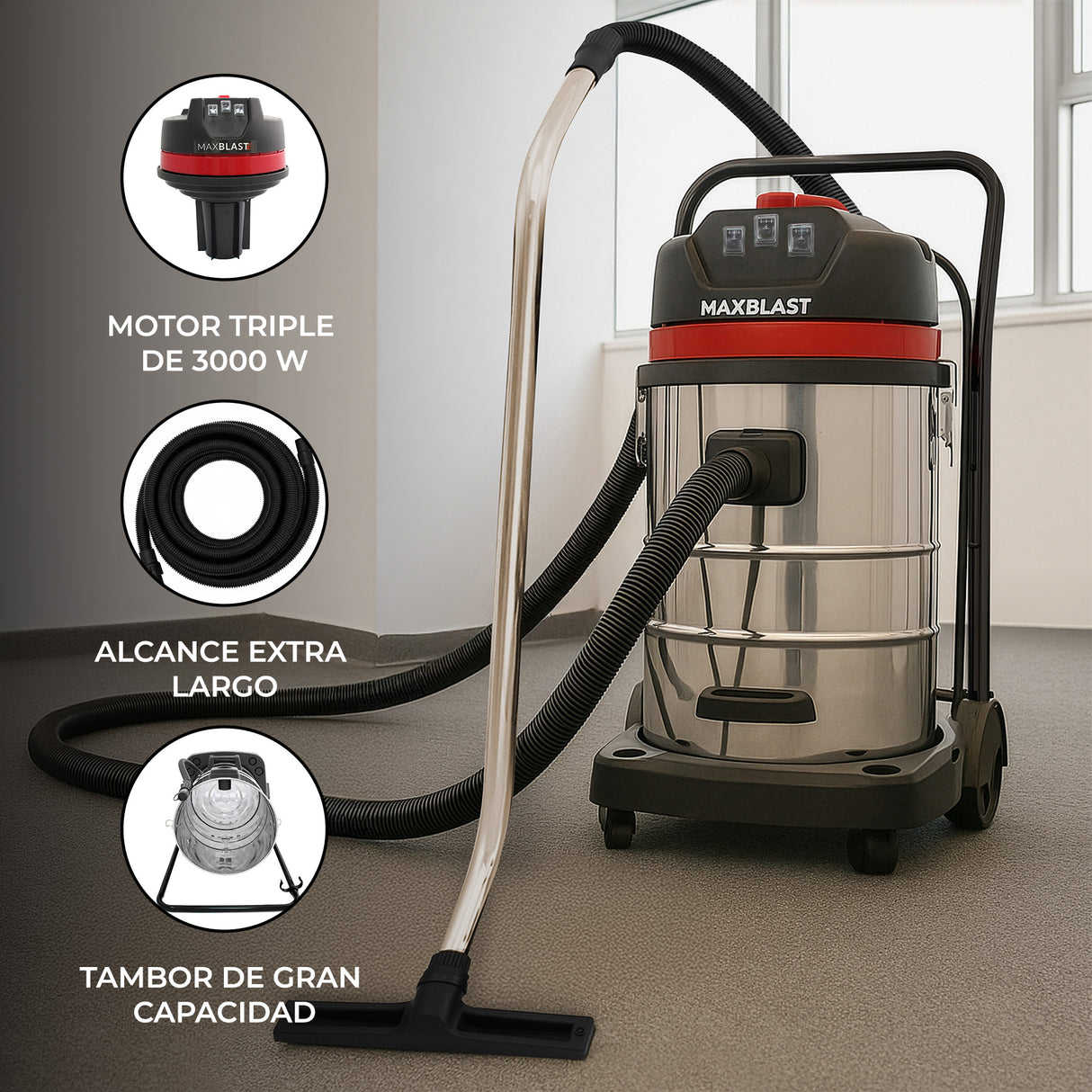 80L Aspiradora Industrial para Secos y Húmedos 3000W (manguera extralarga 5m)