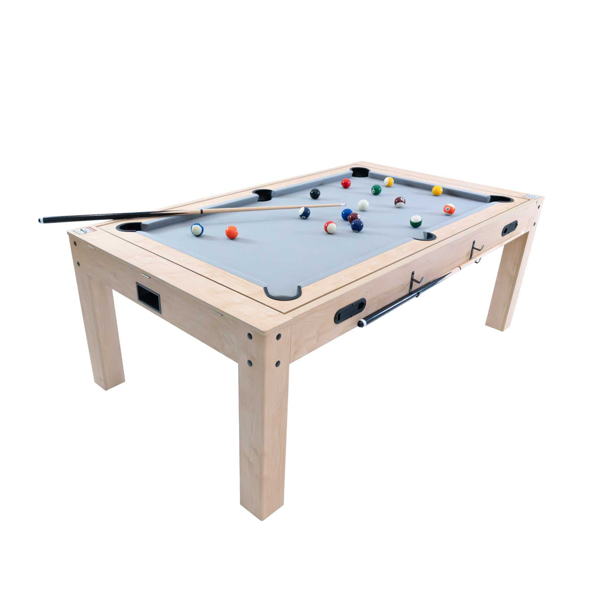 Mesa de juegos 7 en 1 de color roble, con superficie gris, bolas de billar y tacos, ideal para entretenimiento familiar y amigos
