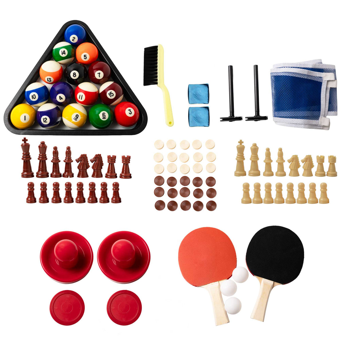 Mesa de juegos 7 en 1 de roble con accesorios para billar, ajedrez, ping pong y más, en colores variados y texturas distintas