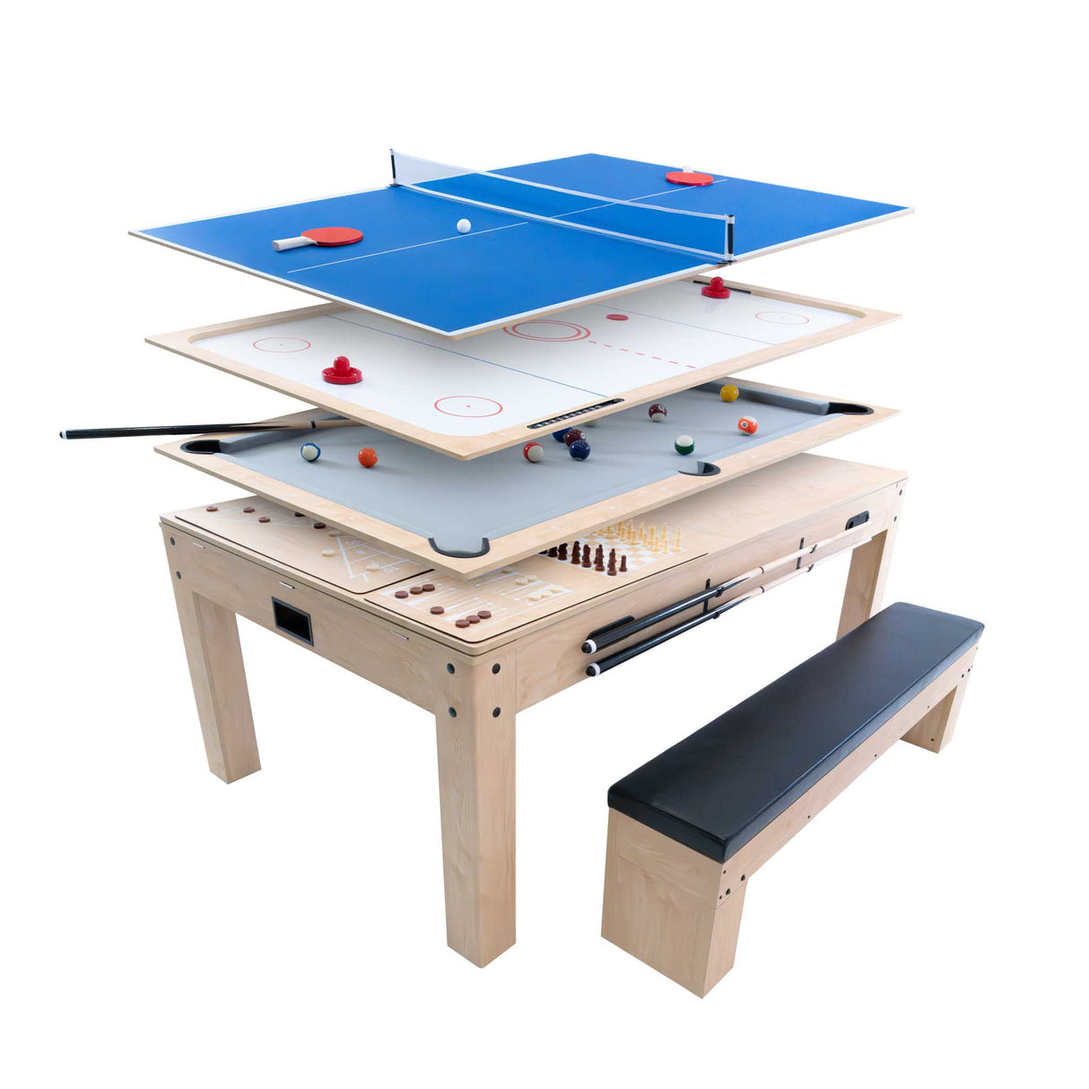 Mesa de juegos 7 en 1 de roble con superficie apilable, incluye juegos como ping pong y hockey, y banco de almacenamiento negro